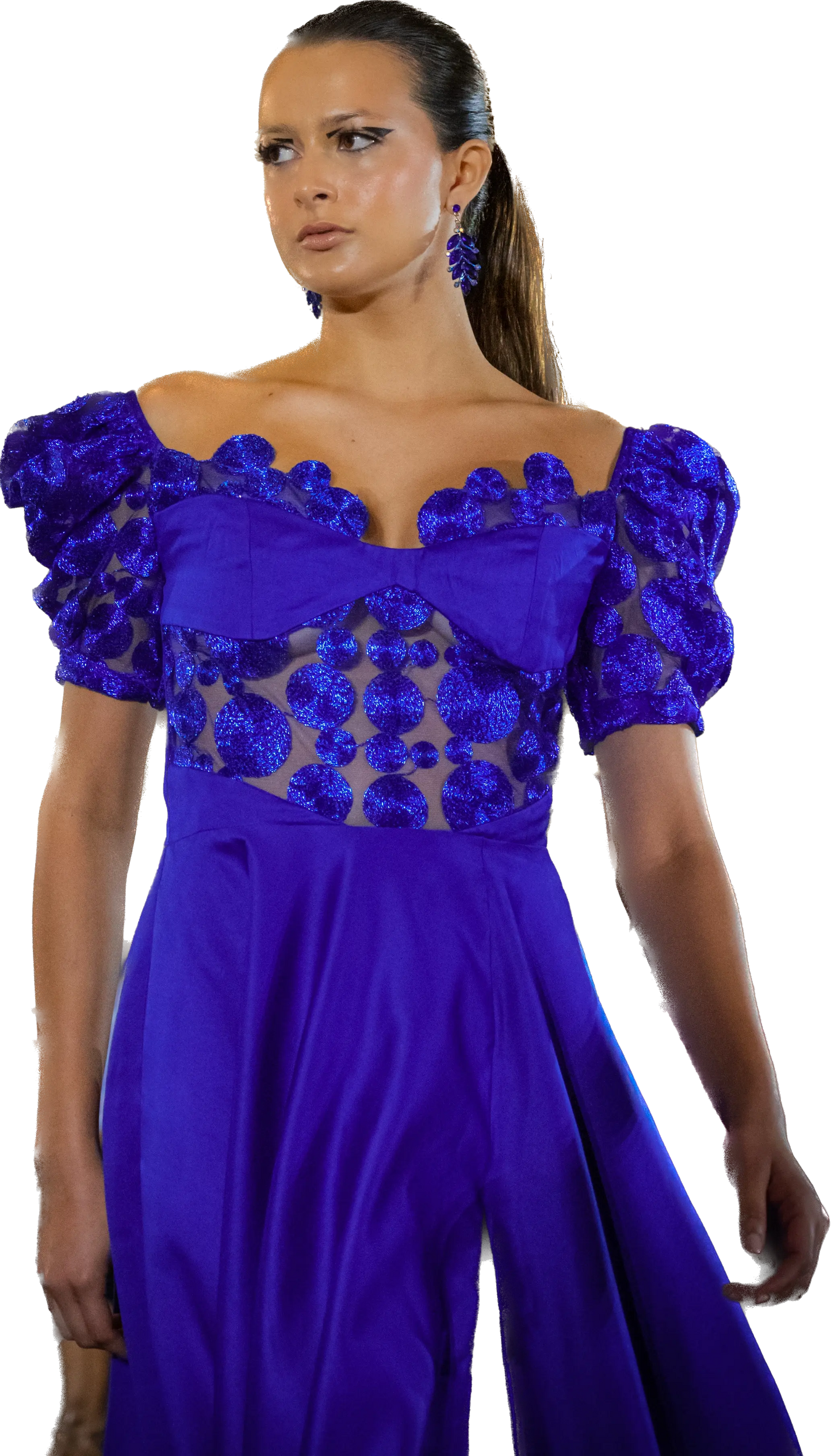 Elegant Blue Off-Shoulder Evening Gown with Glitter Appliqués Toussaint Lea