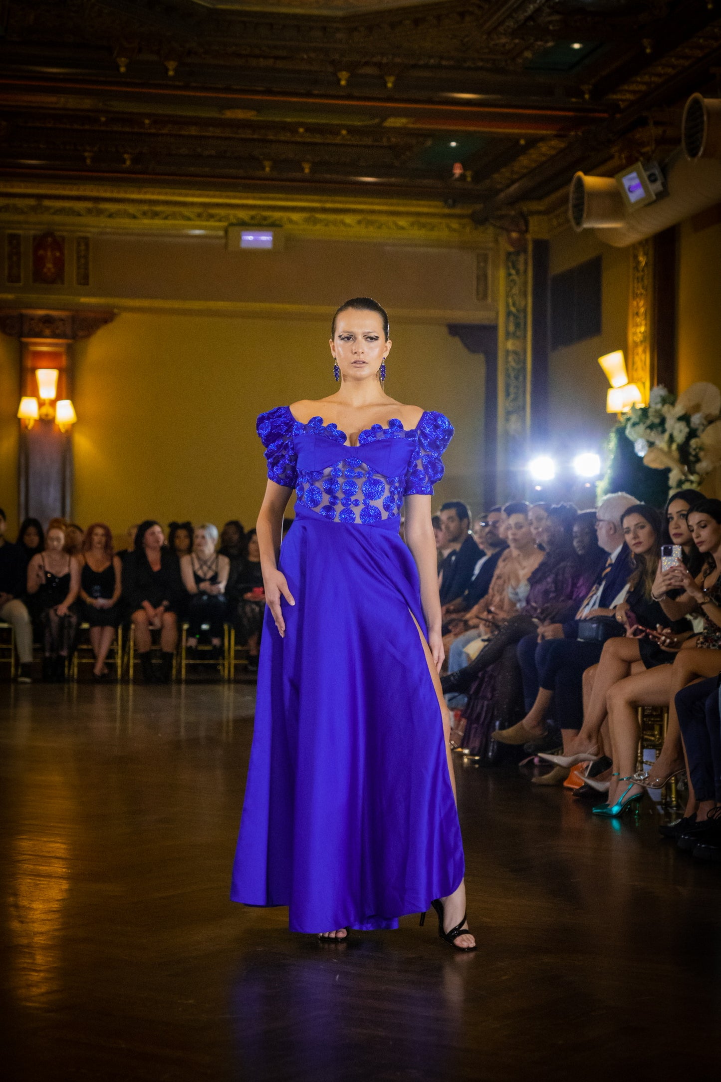 Elegant Blue Off-Shoulder Evening Gown with Glitter Appliqués