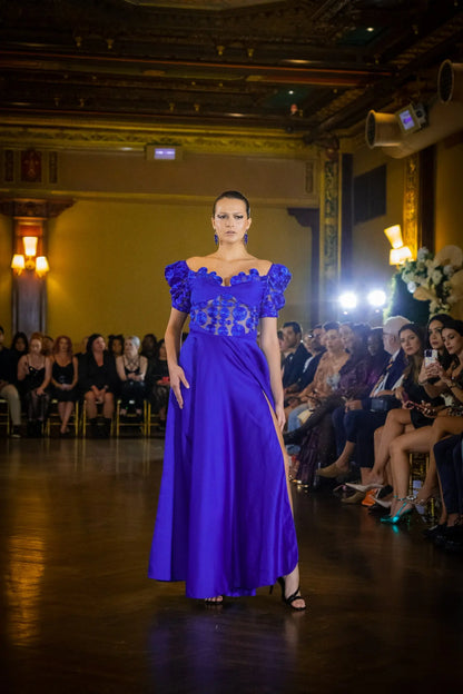 Elegant Blue Off-Shoulder Evening Gown with Glitter Appliqués Toussaint Lea