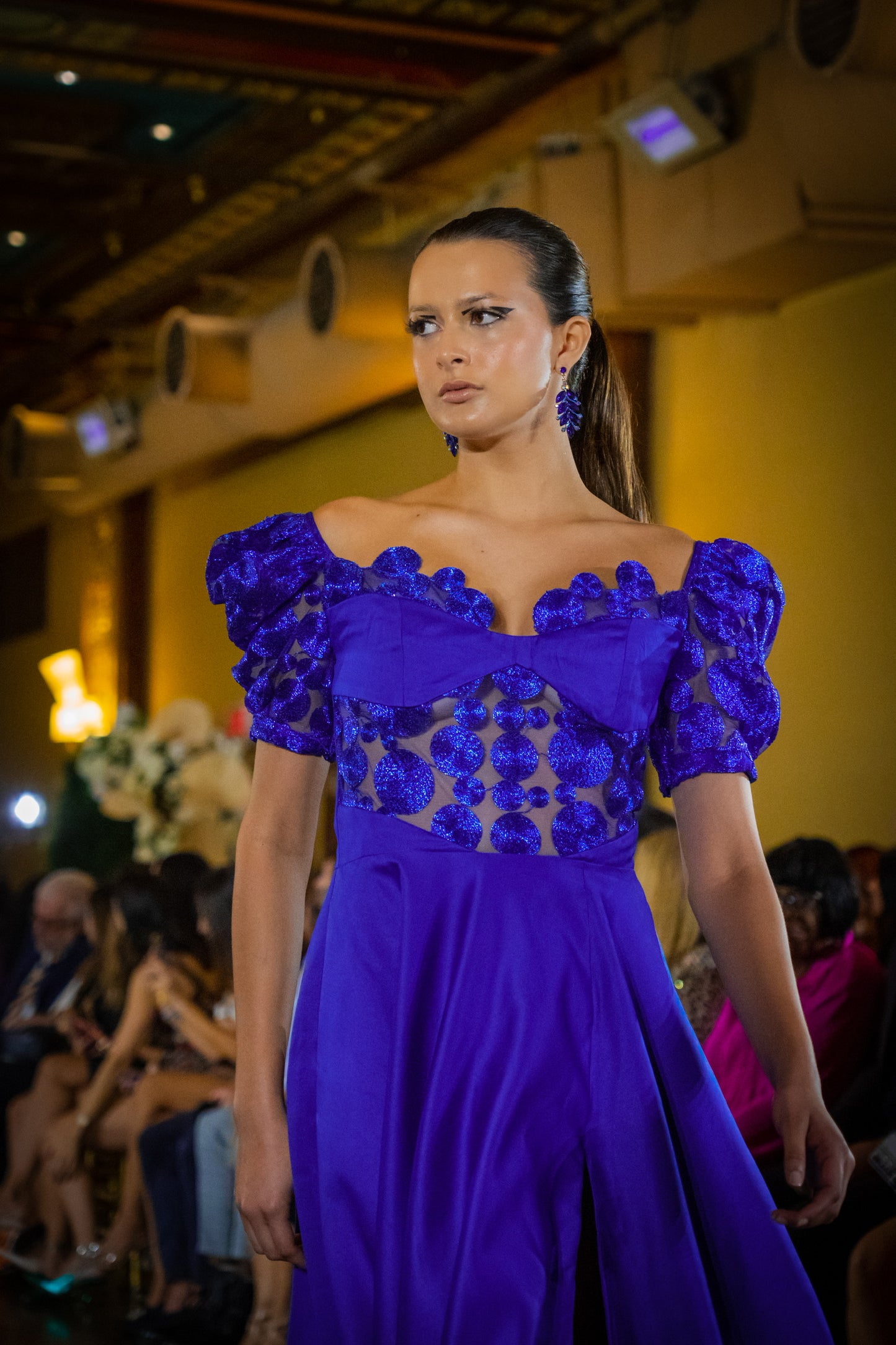 Elegant Blue Off-Shoulder Evening Gown with Glitter Appliqués