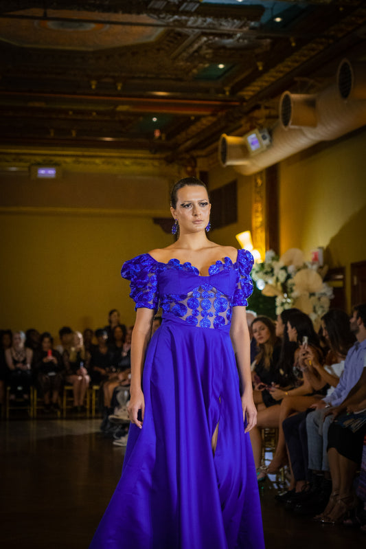 Elegant Blue Off-Shoulder Evening Gown with Glitter Appliqués