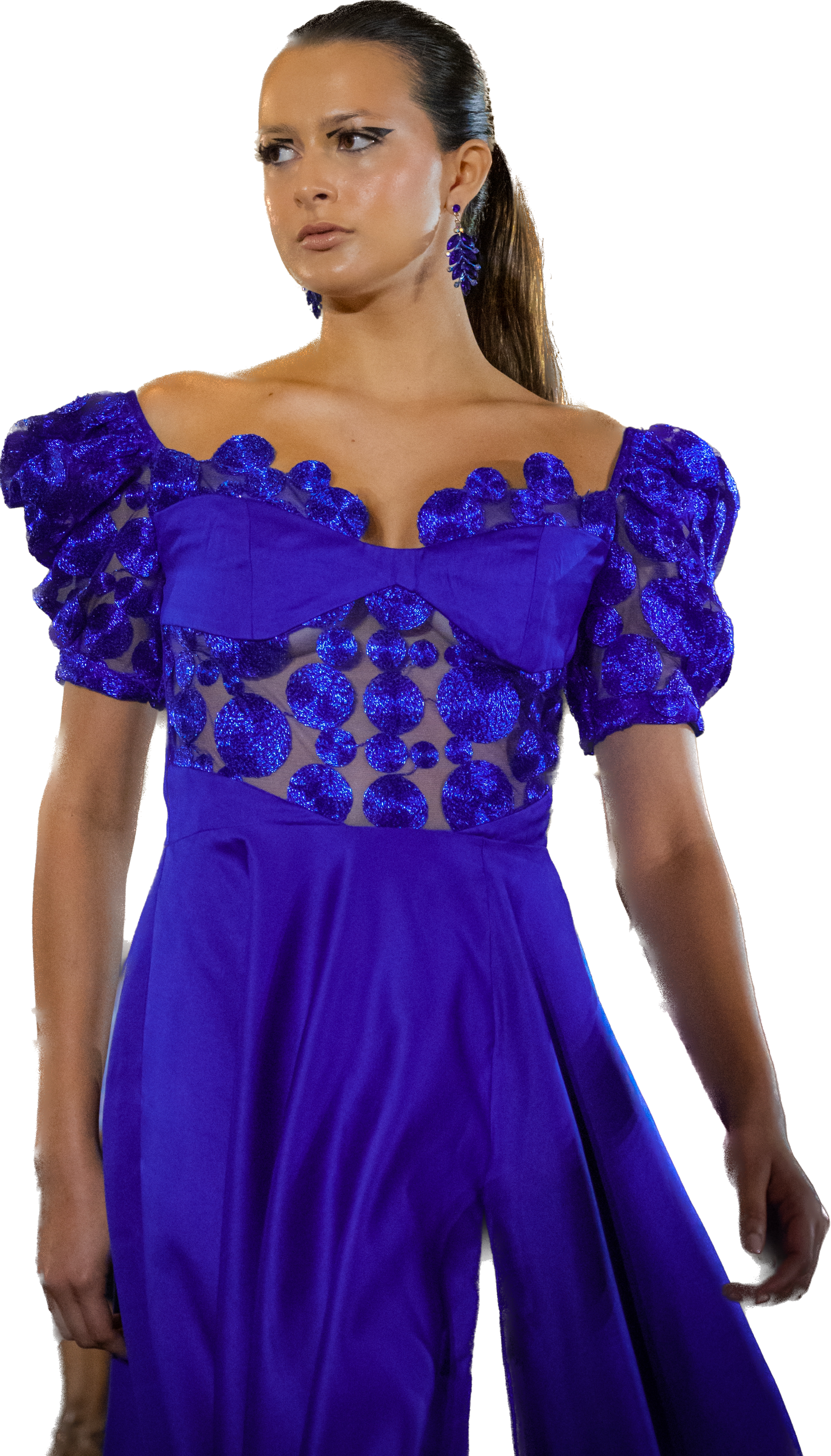 Elegant Blue Off-Shoulder Evening Gown with Glitter Appliqués