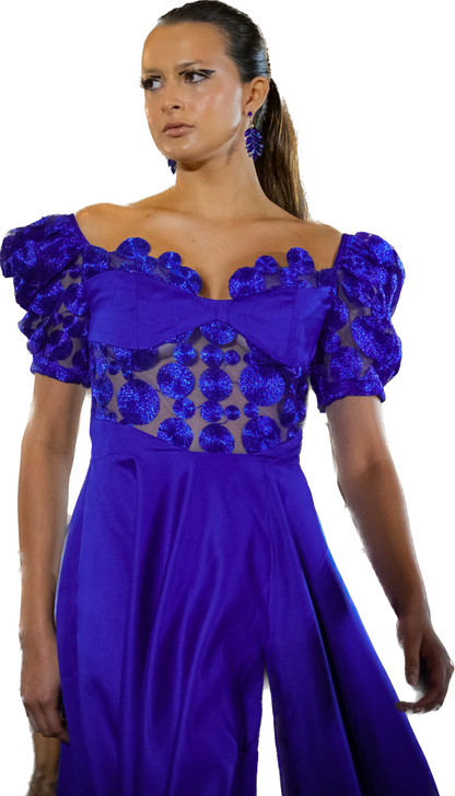 Elegant Blue Off-Shoulder Evening Gown with Glitter Appliqués Toussaint Lea